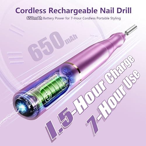 TUOBEO Cordless Nail Drill Electric Nail File Kit Rechargeable Professional Efile Nail Set, Portable Acrylic Gel Nail Polish Remover Machine Pedicure Manicure Tool, 11 Bits 56 Sanding Bands Salon Home - Purple thumbnail 2