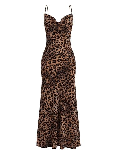 Floerns Women's Leopard Print Draped Collar Spaghetti Strap Cami Long Dress