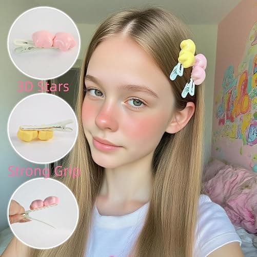 3D Star Hair Clips Women 2.36'' Cute Barrettes Y2K Kawaii Duckbill Clips for Girls Non-Slip Colorful Hair Accessories for Birthday Back to School - 4 Pack, Pink/Yellow thumbnail 4