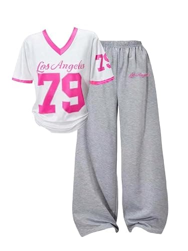 Floerns Girl's 2 Piece Outfit Number Print Short Sleeve T Shirts Wide Leg Pants Set - Image 1