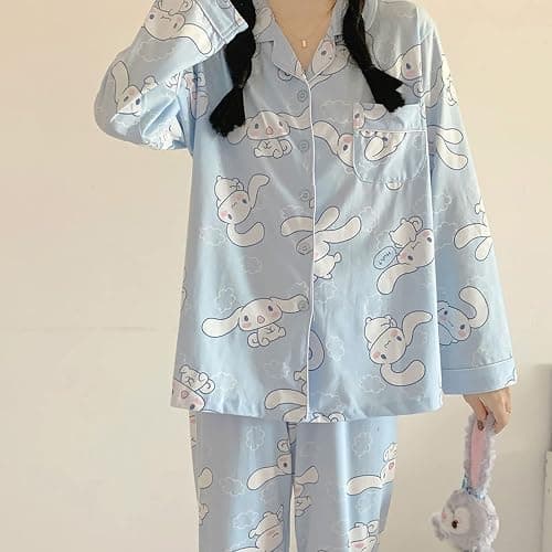 Ocroyea Kawaii Pajamas For Women Two-Piece Set Cute Cartoon Girls Pajamas Casual Cardigan Sleepwear Home Clothes thumbnail 4
