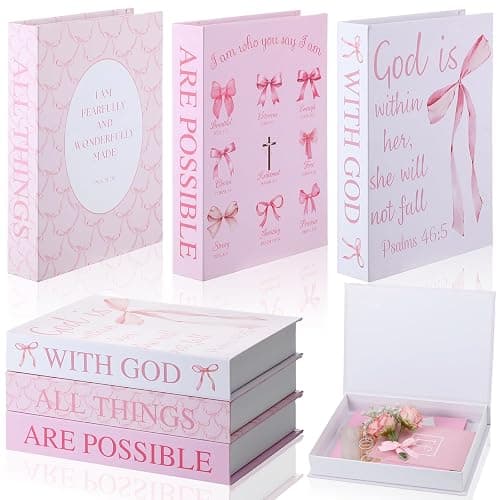 Beeveer 3 Pcs Pink Bow Decorative Books with Bible Verses for Coquette Room Decor Christian Preppy Fake Books with God All Things Are Possible Magnetic Storage Box for Girly Bookshelf School Christmas - Image 1