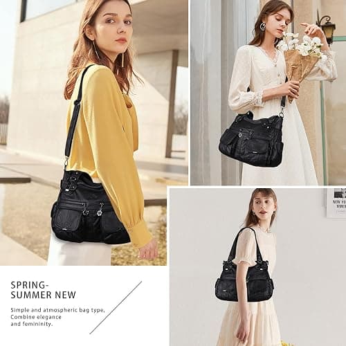 Angel Kiss Women's Designer Handbag Large Double Zipper Multi Pocket Washed Leather Purse thumbnail 2
