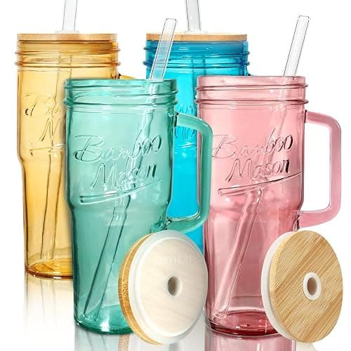 ANOTION Colored Glass Cups with Handle Set of 4, 24oz Glass Cups with Lids and Straws Travel Coffee Mug Bamboo Mason Jar Iced Cup Smoothie Tea Clear Cute Water Drinking Jars Glasses - Image 1