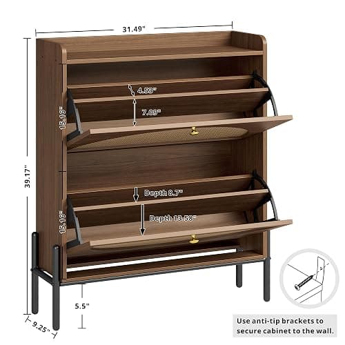 IRONCK Shoe Cabinet Storage with 2 Flip Drawers, Free Standing Wooden Shoe Storage Organizer Cabinet with Rattan Doors for Entryway, Narrow Shoe Rack Cabinet, Walnut thumbnail 3