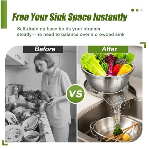 Palksky Stainless Steel Colander Set with Self-Draining Base, 3 Sizes Colanders & Food Strainers for Pasta, Rice, Fruits & Veggies, Metal Colander with Draining Plate for Sink or Countertop thumbnail 3