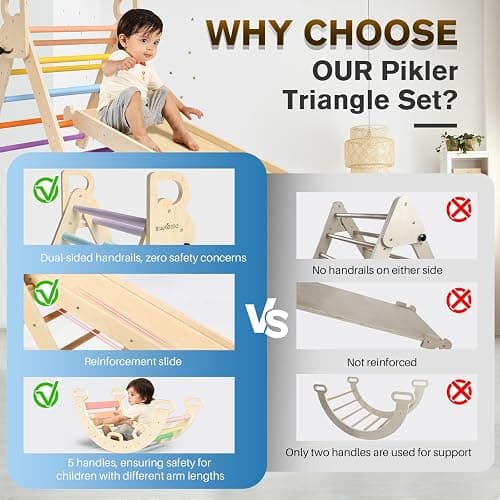 BlueWood Pikler Triangle Set 7in1 Foldable Baby Climbing Toys Wooden Montessori Climbing Set with Arch&Ramp&Ladder Baby Climber Indoor Jungle Gyms for Toddlers Montessori Toys - Rainbow - Rainbow thumbnail 5