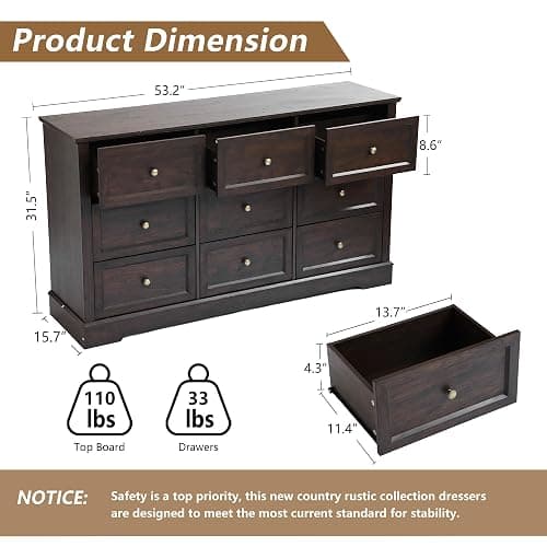 LOUVIXA Farmhouse Bedroom Sets of 4, Including 9 Drawer Dresser, 5 Drawer Dressers and Nightstand Set of 2 with Charging Station (Brown Sets, 4 Pieces) thumbnail 3
