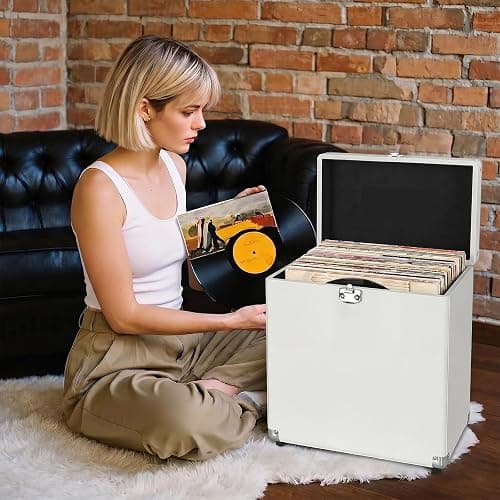 Vinyl Record Storage Box – Lockable Leather Crate for 7 10 12 Inch Records (Leather White) thumbnail 7