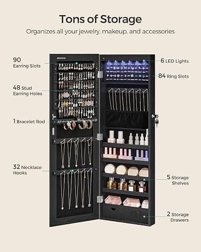 SONGMICS Hanging Jewelry Cabinet, Wall-Mounted Cabinet with LED Interior Lights, Door-Mounted Jewelry Organizer, Full-Length Mirror, Christmas Gift Idea, Ink Black UJJC099B01 thumbnail 5