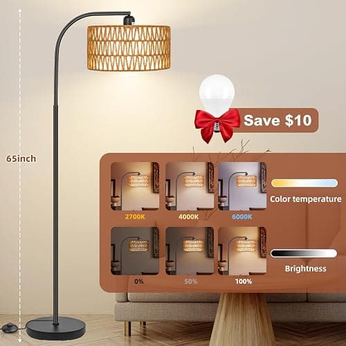 Brilvibera Rattan Floor Lamps for Living Room, Boho Standing Lamps with Rattan& Linen Double Shades, Arc Lamps Floor Standing with 9W Bulb, Foot Switch, Bohemian Floor Lamps for Bedroom, Office thumbnail 3