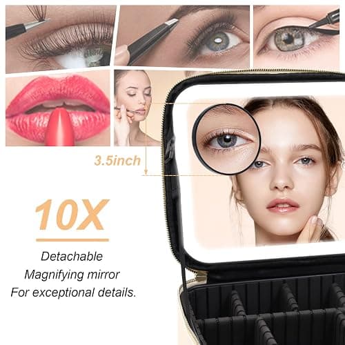 Jadazror Portable Travel Makeup Bag with Lighted Mirror, 3 Color Brightness, Beige thumbnail 6