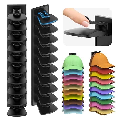 Volnamal Hat Organizer for Baseball Caps, 2 Pack Hold Up to 40 Hats | Hat Rack for Wall Space Saving, Hat Hanger w/Strong Adhesive Hat Storage Holder Display for Closet Door and Wall (Black) - Image 1
