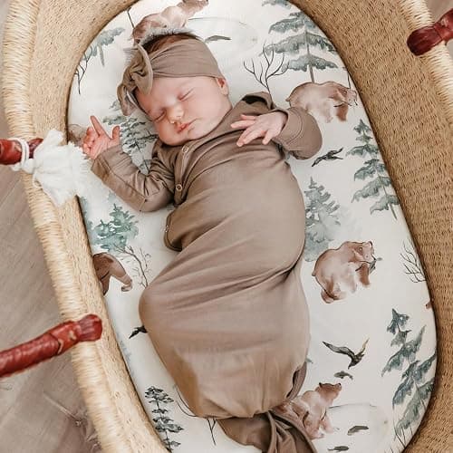 Stretchy Bassinet Mattress Sheets, Ultra Soft Bassinet Sheet 2 Pack, Universal Fitted for Oval Hourglass Rectangular Bassinet Mattress Pad Safe and Snug, Stylish Pattren of Bear and Wolf Print thumbnail 2