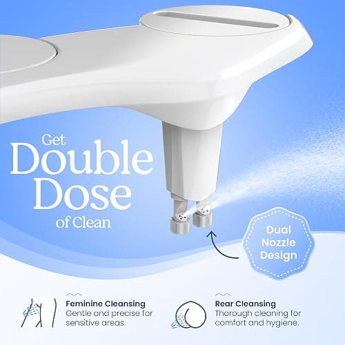 CLEAR REAR Bidet Attachment for Toilet Seat - Non-Electric, Self-Cleaning Dual Nozzle, Adjustable Water Pressure, Rear & Feminine Wash Hygienic Bathroom Upgrades - Fits Elongated Toilets (White) thumbnail 3