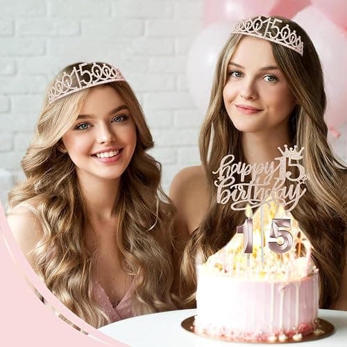 15 Geburtstag Mädchen Deko, 15. Geburtstagskrone und Schärpe, Happy Birthday Tortendeko und Kerzen, Roségold Folienballon 15, Geburtstagsgeschenk für 15 Jahre Mädchen Party Deko Supplies thumbnail 2