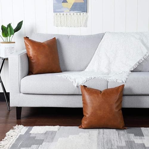 MANDIOO Set of 2 Faux Leather Decorative Throw Pillow Covers Modern Solid Outdoor Cushion Cases Luxury Pillowcases for Couch Sofa Bed 18x18 Inches Brown thumbnail 2