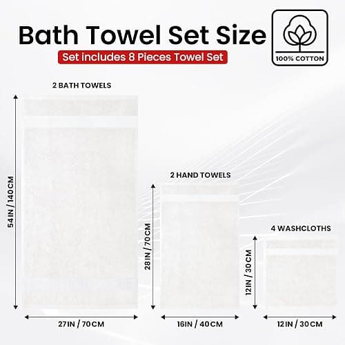 Infinitee Xclusives Luxury 100% Cotton Towel Set – 8 Piece Bathroom Towel Set (2 Bath Towels, 2 Hand Towels, 4 Washcloths) – Soft & Absorbent Towels for Bathroom (Brilliant White) thumbnail 3