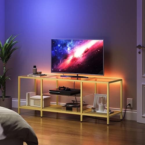HOOBRO TV Stand with LED Lights and Power Outlets for TVs up to 65", Modern 55 Inch Tempered Glass TV Console Table with Open Shelves, Media Entertainment Center for Living Room, Gold GD145UDS01 thumbnail 2