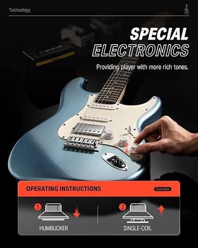 Donner DST-152R Electric Guitar, 39" Beginner Electric Guitar Kit, HSS Pickup with Coil Split, Guitar Starter Set with Amp, Bag, All Accessories, Metallic Ice Blue thumbnail 5