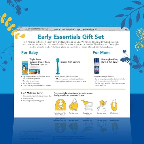 Triple Paste Mom & Baby Early Essentials Gift Set with 5 Items, Diaper Rash Ointment 8oz Jar & 2oz Tube, Spatula Applicator, Dermoplast Spray, and Multi-Use Cover, Shower Gifts for Moms thumbnail 6