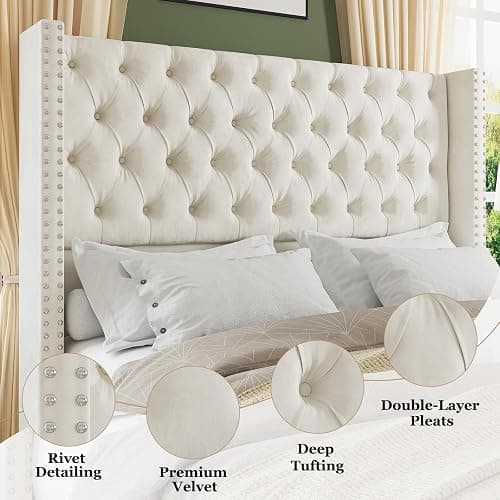 Jocisland Upholstered Bed Frame with Tall Headboard Wingback Platform Bed Tufted Deep Button Velvet/No Box Spring Needed/Easy Assembly (Cream, Queen) thumbnail 3