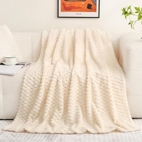 Cream White Throw Blanket 50"×60" inches Fuzzy 3D Jacquard Decorative Flannel Fleece Super Soft Plush Cozy Blanket for Couch Sofa Chair Lightweight thumbnail 3