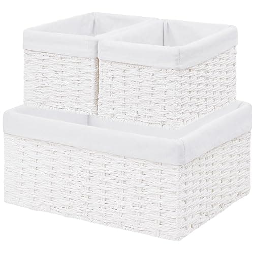 Vagusicc Wicker Basket, Set of 3 Hand-woven Storage Baskets for Organizing, Decorative Rectangle Wicker Storage Basket Bins with Handles, Small Toilet Paper Storage Baskets for Shelves & Decor, White - Image 1