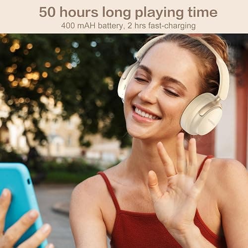 RORSOU B8 Bluetooth Headphones Over Ear, 6 EQ Music Modes and 50H Playtime Deep Bass Wireless Headphones with Mic, Lightweight Folding HiFi Stereo Headset for iPad/Travel/Tablet/PC/Home Beige White thumbnail 6