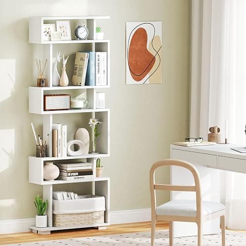 Giantex 6-Tier Geometric Bookcase, 64" Tall S-Shaped Bookshelf with Anti-Tipping Kit, Wood Freestanding Decorative Storage Display Shelves for Living Room, Bedroom & Home Office, White thumbnail 6
