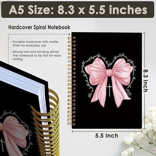 Wheatwin Prayer Journal for Woman, Christian Girl Energy Journal, Black Pink Cute Notebook, Pink Bow Coquette Stuff Notebook 5.5x8.3 - Proverbs 31:25 - Pink Bow thumbnail 3