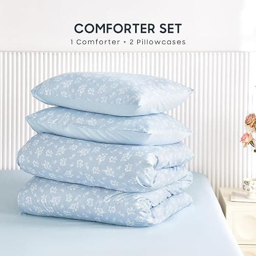 Wake In Cloud - Floral Comforter Set, Coquette Cottagecore Aesthetic Flower Shabby Chic Pattern for Women Teen Girls, Soft Lightweight Bedding, 3 Pieces, Light Blue, Twin/Twin XL Size thumbnail 2