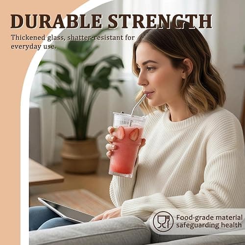 2 Packs Ribbed Glass Tumbler with Lid and Straw 16 oz Cute Ice Coffee Cup Set for Smoothie Juice Matcha Tea Latte Cappuccino Espresso Hot Coffe Water Reusable Clear Travel Mug Aesthetic Drinking Mug thumbnail 3