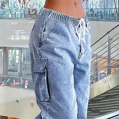 AprPith Mid Rise Cargo Jeans Women Elastic Waist Stretch Wide Leg Denim Pants with Pockets Baggy Streetwear Pants y2k thumbnail 4
