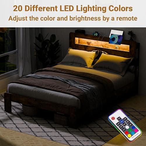 Zevemomo Full Size Bed Frame with LED Lights, Full Bed Frame with Headboard, Charging Station with 2 USB Ports & 2 AC Outlets, Sturdy Wood Framework, No Noise, Rustic Brown (Rectangular Slot) thumbnail 4