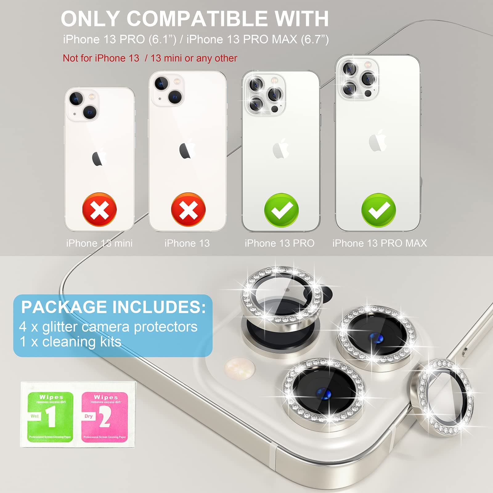 Choiche [3+1 for iPhone 13 ProPhone 13 Pro Max Camera Lens Protector Bling, 9H Tempered Glass Camera Cover Screen Protector Metal Ring Decoration Accessories (Diamond-Silver) thumbnail 2