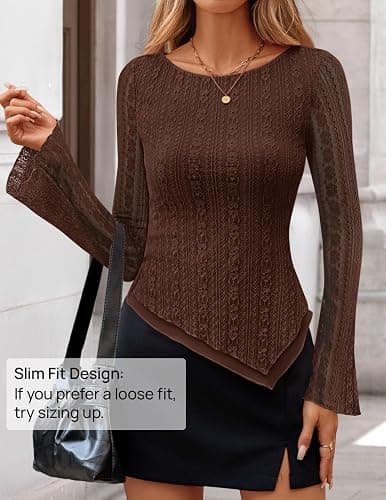 ZESICA Womens 2026 Spring Summer Lace Mesh Sleeve Tops Going Out Double Lined Slim Fit Asymmetrical Shirts Date Night Outfit thumbnail 4