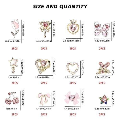 CUBLIVE 24PCS Nail Charms Y2k Alloy Nail Art Rhinestone Charms 3D Heart Star Bow with Rhinestones Cherry Nails Gems Shiny Jewelry Nails Decorations Accessories Supplies (AD24) thumbnail 3