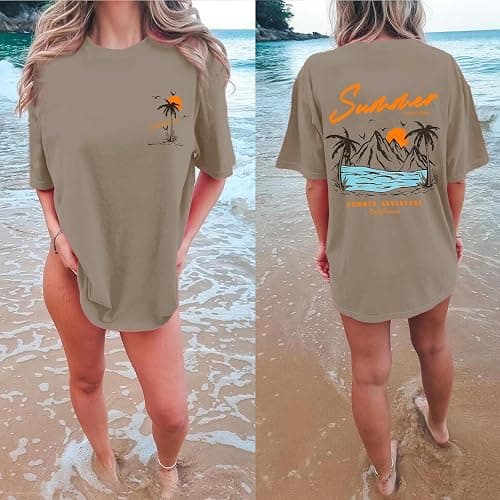 KEEVICI California T Shirt Beach Oversized Graphic Tees for Women Vintage Adventure Shirts Baggy Summer Cotton Vacation Tops thumbnail 2