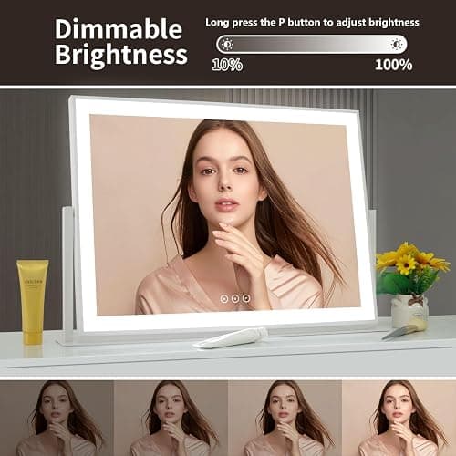 Acoolda Vanity Mirror with Lights, Large Makeup Mirror with Lights, LED Lighted Makeup Mirror with 3 Color Light Modes, Smart Touch Tabletop Mirror for Makeup Desk 360° Rotation 22.8" x 18" White thumbnail 4