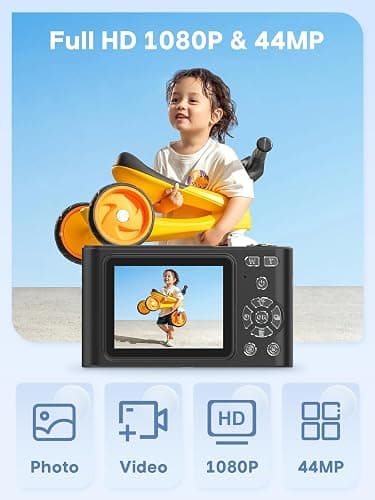 Digital Camera, 44MP Full HD 1080P Point and Shoot Camera with 64GB Card, Anti Shake 16X Zoom Compact Volg Cameras, Portable Small Camara Gift for Kids, Ages Teen Girl Boy - Black thumbnail 2