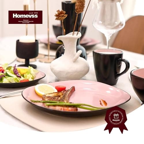 HomeVss, Stoneware Square 16pc Dinnerware Set, Inside Shiny Rose + Outside Matte Black thumbnail 7