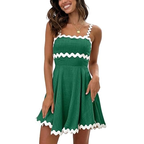 Senllen Womens Summer Flowy Mini Dress 2026 Casual Spaghetti Straps Sleeveless Smocked Backless Swing Wave Trim Sundress - Image 1