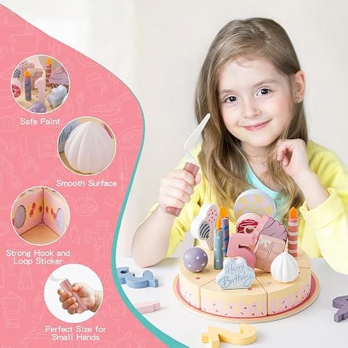 ZRUNBO Wooden Birthday Party Cake Toys,Wooden Play Food Set Toys for Kid | Kitchen Accessories Pretend Play Toy Educational Toys Gift For Birthdays&Christmas thumbnail 6