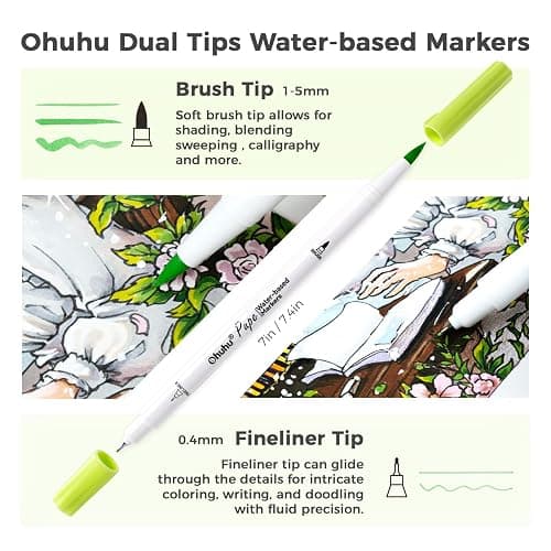 Ohuhu Marqueurs à l'Eau - Paper-Friendly, 60 Feutres à Double Pointe Pinceau/Fine - Pour Coloriage Adulte - Sans Odeur, Marqueurs Artistiques pour Coloriage Journal Croquis Calligraphie thumbnail 5