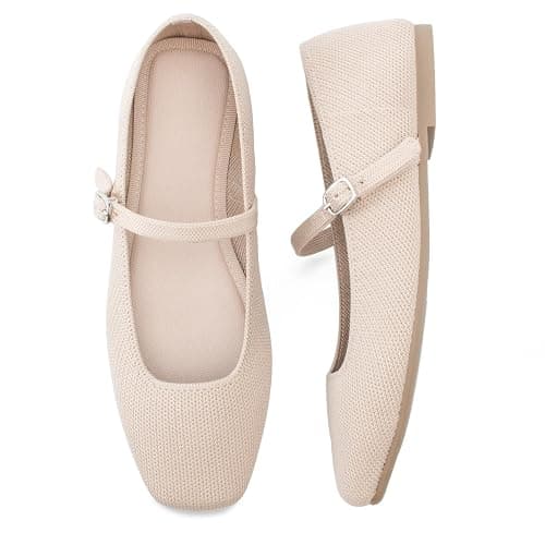 Soesyi Knit Flats for Women Square Toe Flats Casual Ballet Flats with Ankle Strap,Mary Jane Shoes Women Comfortable for Dressy Office - Image 1