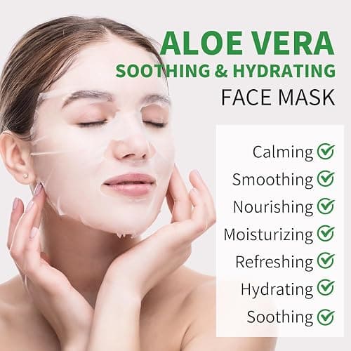 Aloe Vera Soothing Mask Hydrating Face Masks Skincare Moisturizing Facial Sheet Mask Skin care for Dry, Oily, Sensitive Skin Face Mask for Acne, Sun Care, Calming, Refreshing 25ml/0.88oz, 10 Pack thumbnail 2
