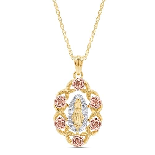 AFFY Our Lady of Guadalupe Pendant Necklace, Three-Tone 14K Gold Over 925 Sterling Silver, Inspirational Religious Catholic Jewelry Gift for Women & Men with 18" Rope Chain - Image 1