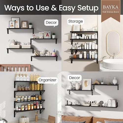 BAYKA Wall Mounted Floating Shelves, Wood Floating Wall Shelf for Books & Decor, Small Space-Saving Display & Organizer（Black，23in，Set of 4） thumbnail 4