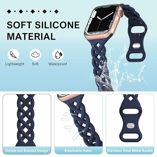 Braided Silicone Bands Compatible with Apple Watch 38mm 40mm 41mm 42mm 44mm 45mm 46mm 49mm for Women, Slim Thin Narrow Hollow-out Strap Cute for iWatch Ultra 2 Series 10/SE/9/8/7/6/5/4/3/2/1 Women thumbnail 2